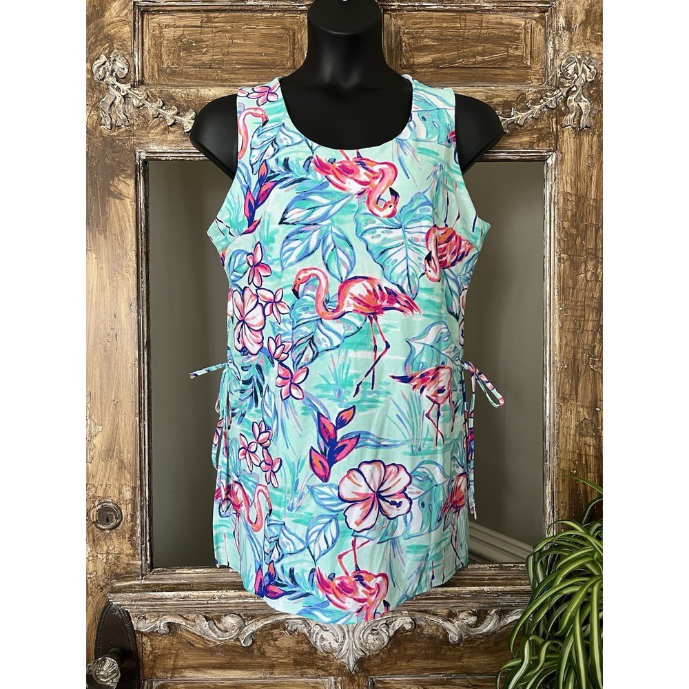 NEW Aryeh Tropical Flamingo Print Nylon Stretch Sleeveless Dress XL‎